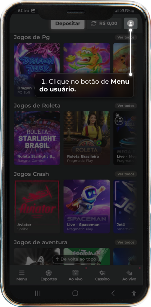 Instrução de onde clicar para entrar no menu de usuário para trocar a chave pix