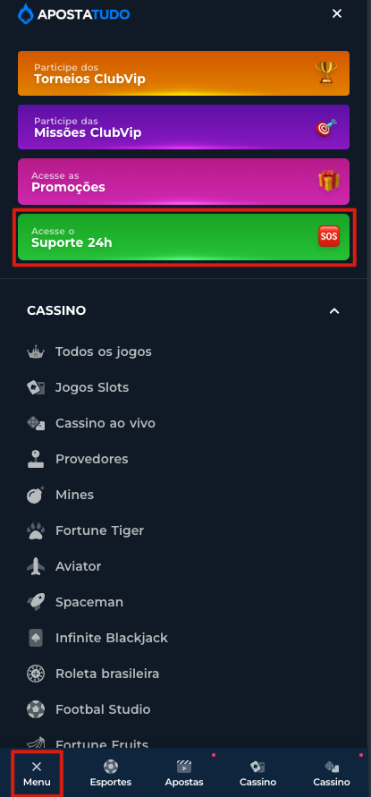 imagem mostrando onde entrar em contato com o suporte para verificar sobre o saque pendente